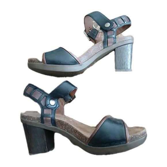 Dansko Debby Black/Brown Leather Open Toe Block Heel Sandals Size 37/7 - Picture 1 of 11